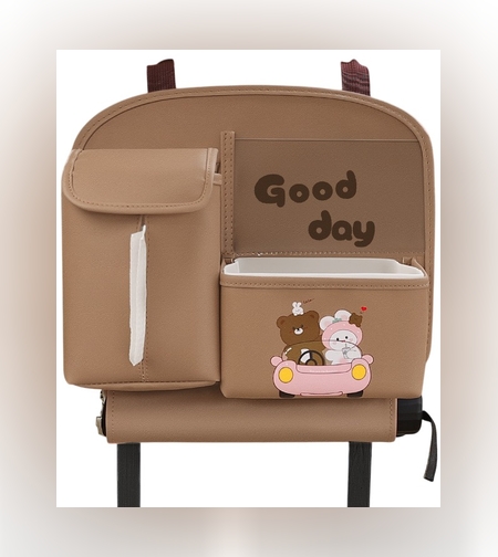 Geanta Multifunctionala de Depozitare, Flippy, pentru Bancheta din Spate a Masinii, Animat, Model Ursuleti, Scris Good Day, Suport Servetele si Telefon, 25x31 cm, Maro