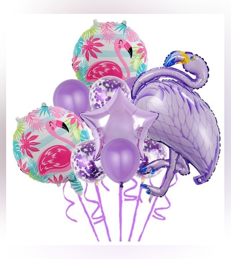 Set Baloane party aniversare, Flippy, din Folie de aluminiu si Latex, set din 10 baloane Flamigo Party, 1 stea, 5 baloane latex, 2 rotunde, 60 -90 cm, Mov