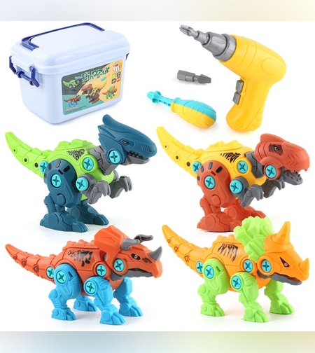 Set de Constructie/Asamblare, Flippy, 4 Dinozauri, cu Bormasina Electrica, Baterii 2 x AA, Surubelnita si Cutie Depozitare, 22.5 x 14.5 x 15 cm, Multicolor