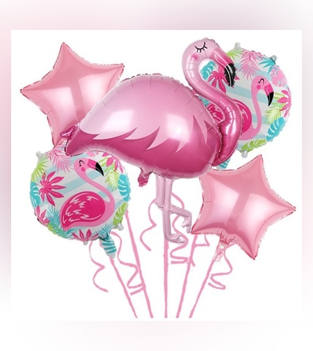 Baloane aniversare Flamingo Party, Flippy, din Folie de aluminiu si Latex, set din 5 baloane, 1 Flamingo, 2 Stele, 2 rotunde, 60 x 90 cm, Adeziv si pai inclus Rose