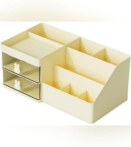 Cutie de Depozitare pentru Birou, Flippy, Pentru Makeup, Papetarie, Organizator Cosmetice, 2 Sertare si Compartimente Multiple, Model Iepuras, Plastic, 27.5x15.5x12 cm, Crem