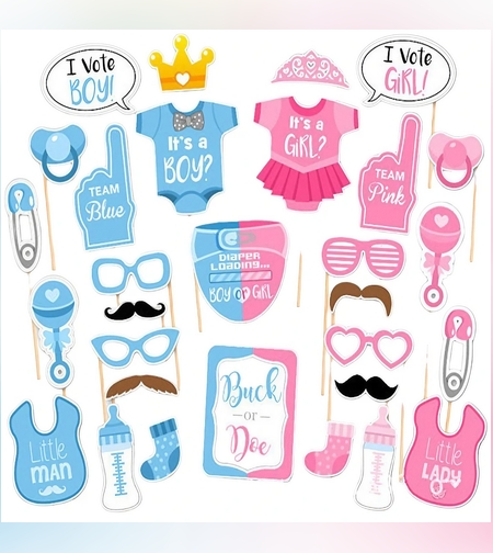 Set 30 de Accesorii pentru Petrecere, Flippy, Props pentru Coltul de Poze, Gender Reveal, Tematica Baby Shower, Albastru-Roz