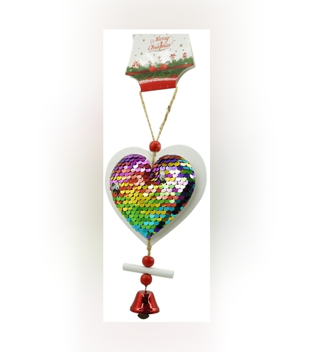 Ornament de brad inima din paiete, Flippy, multicolor, lemn, 18 cm