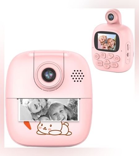 Camera Instantanee pentru Copii, Flippy, Camera Frontala + Selfie, cu Functie de Printare, Cablu USB-C, Bluetooth, Compatibil iOS/Android, Imprimare APP, Model Bunny, Roz