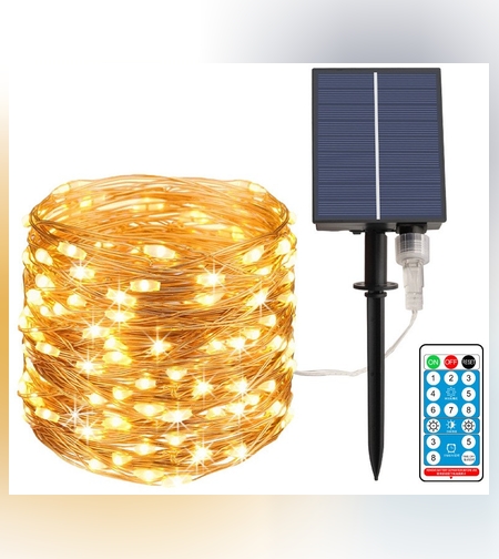 Instalatie Craciun, 100 LED-uri, 12 metri,  pentru exterior cu incarcare solara, alb cald, Flippy