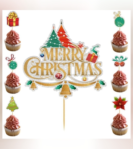 Set Toppere pentru Tort si Prajituri, Flippy, Tematica Craciun, Model Mare Scris Merry Christmas 15.5x14.3 cm, 6 Toppere Mici Modele Variate 5x5 cm, Multicolor