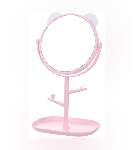 Oglina Cosmetica cu Picior, Flippy, HD, Rotire 360 Grade, 15 cm Diametru, Suport Bijuterii Baza + Brate, Model cu Urechi, 30 x 16.5 x 15 cm, Roz