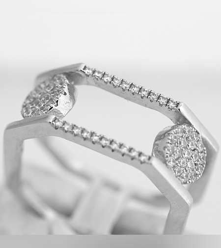 Inel Octagonal din Argint 925, cu doua cercuri si pietre, marimea 56