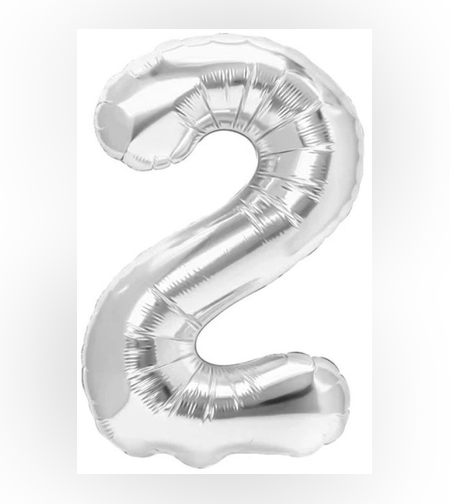Balon din Folie Metalizata, Flippy, Figurina Cifra, Tema Aniversare 100 cm, Ambalaj Individual, Pai inclus, Umflare cu Aer sau Heliu, Argintiu, Cifra 2