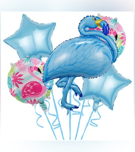 Set Baloane party aniversare, Flippy, din Folie de aluminiu si Latex, set din 5 baloane Flamigo Party cu 2 stele, 2 baloane rotunde, 60 -90 cm, Albastru