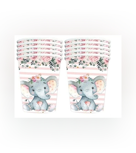 Set 10 Pahare, Flippy, Imprimeu Elefant, din Carton, 7.5 x 8.5 cm, Roz