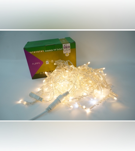 Instalatie de Craciun Flippy® Tip Turturi, Franjuri cu Flash, IP65, Sectiune 5 m, 120 LED-uri, Interconectabila, Fir Transparent, Alb Cald, Interior/Exterior