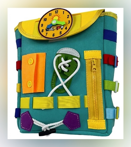 Ghiozdan Montessori, Flippy, pentru Copii 2-6 ani, Fidget Pop, cu Catarame si Fermoare, Jucarii Senzoriale, Activitate de Invatare prin Joc, Turcoaz, 0.25 kg, 28x10x23 cm