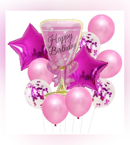 Set baloane Happy Birthday, Flippy, set din 11 bucati, Balon Pahar 93 cm, 2 baloane stea 45 cm, 5 baloane latex 30 cm, 3 baloane cu paiete 30 cm, Mov