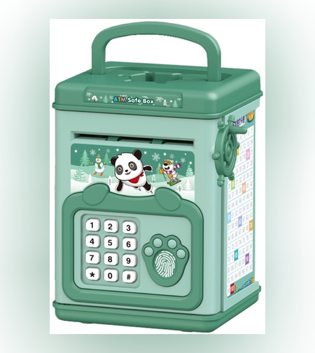 Pusculita pentru Copii, Flippy, pusculita pentru economii SMART BOX cu efecte sonore, Tip ATM, cu Parola cu Amprenta, din plastic, 20 x 13.5 x 11.5 cm Verde