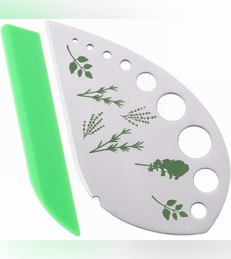 Tocator manual pentru ierburi Flippy, instrument de curatat frunze, margini ascutie, 9 gauri de diferite dimensiuni, multifunctional, material otel inoxidabil, maner ergonomic, rezistent la rugina, 12.3 x 6.9 cm, argintiu