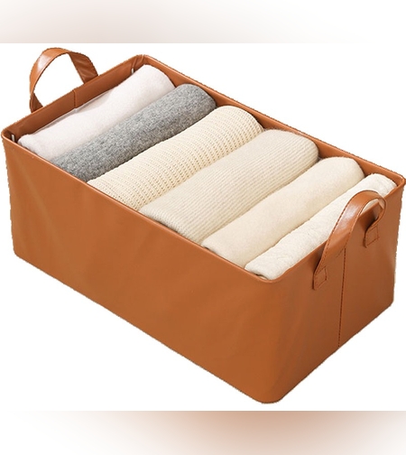 Cutie de Depozitare Tip Cos, Flippy, Material Piele Ecologica, Pliabila, 47x28x20 cm, 26 l, Cadru Metalic, cu Manere, Maro