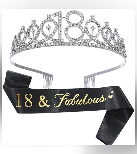 Set 2 Piese pentru Majorat, Flippy, 15 x 13 x 5 cm, Coronita Printesa Silver si Panglica 18&Fabulous, Negru