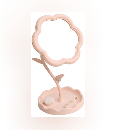 Oglindă de Machiaj pentru Birou, Flippy, Rotativă, Detasabilă, Model de Floarea Soarelui, Suport pentru Inele, cu Depozitare, Roz