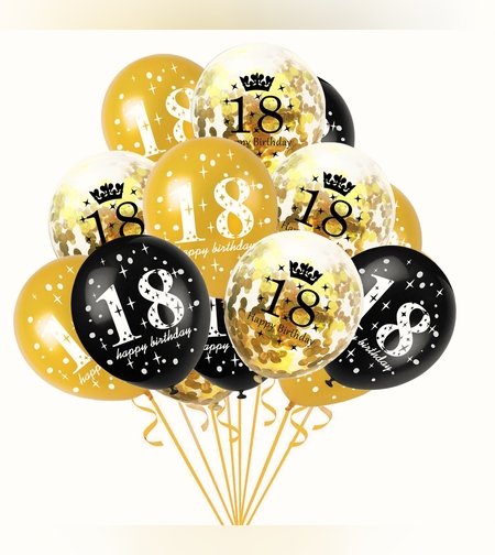 Set 18 Baloane Majorat, Flippy, din Latex, Metalizate, Mesaj 18 Happy Birthday, 30 cm, cu Confetti, Auriu/Negru