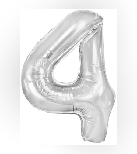 Balon din Folie Metalizata, Flippy, Figurina Cifra, Tema Aniversare 80 cm, Ambalaj Individual, Pai inclus, Umflare cu Aer sau Heliu, Argintiu, Cifra 4