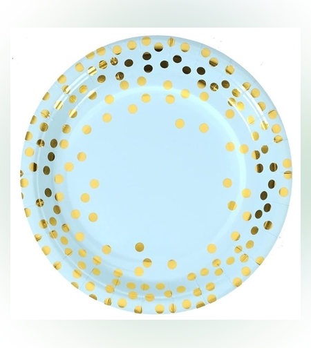 Set 10 Farfurii Unica Folosinta, Flippy, Imprimeu cu Buline, din Carton, Diametru 18 cm, Albastru/Auriu