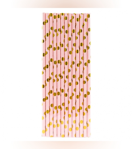 Set 10 Paie, Flippy, din Hartie, 19.5 cm, Model cu Buline Aurii, Roz