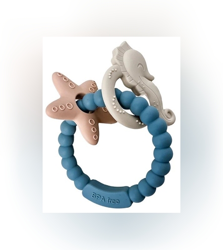 Jucarie Dentitie Bebelusi, Flippy, Tip Bratara, Model Calut si Stea de Mare, + 3 luni, din Silicon, fara BPA, 8.1 x 8.1 x 1.2 cm, Albastru