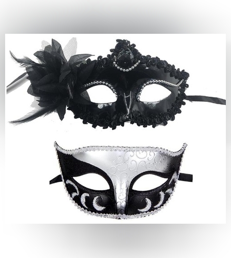 Set 2 Masti de Cuplu, Flippy, pentru Carnaval, Bal Mascat, Marime Universala, Model Floare Laterala si Margele, Model Clasic Fluture, Negru Argintiu