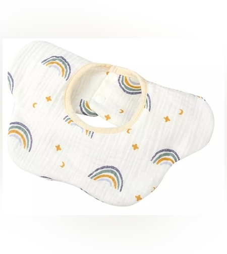 Baveta Tip Floare, Flippy, din Bumbac, pentru Copii 0-12 Luni, Rezistenta la apa, cu Capse, Model Curcubeu, 26 x 29 cm, Alb