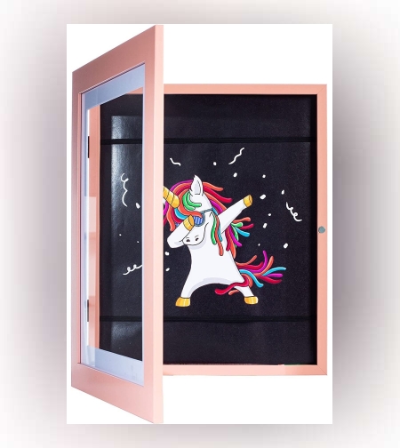 Rama Foto Flippy, cu Magnet, din Lemn, cu Spatiu Pentru Depozitare, Pentru Desene si Picturi A4, Sticla Securizata, Rama MDF, 21x30 cm, Roz