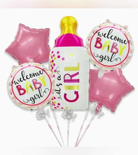 Baloane decorative GENDER REVEAL PARTY, Flippy, Figurina Sticla, Model IT'S A GIRL, Set din 5 baloane, 40 x 77 cm, pentru Botez, Roz