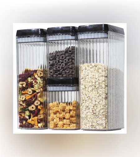 Set 4 Recipiente din Plastic, Flippy, pentru Alimente/Obiecte, Inchidere Ermetica, Textura Ondulata, 2 x 1.5l, 2 x 3.3 l, Transparent