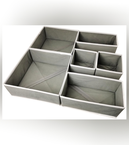 Organizator pentru Sertar, Flippy, 3 Marimi, pentru Lenjerie, Tricouri, Sosete, 6 Piese, Pliabil, Stivuibil, din Tesatura, Gri/Alb