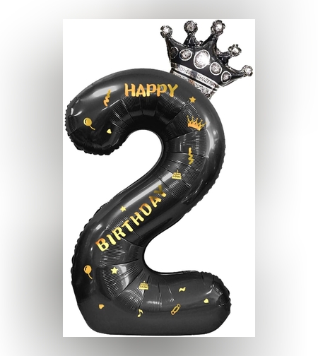 Balon din Folie Metalizata Flippy, Figurina Cifra si Coroana, Scris Happy Birthday, Tema Aniversare 100 cm, Ambalaj Individual, Pai inclus, Umflare cu Aer sau Heliu, Negru, Cifra 2