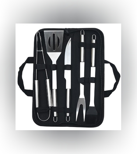 Set 5 Ustensile pentru Gratar, Flippy, din Otel Inoxidabil, Geanta Oxford, Argintiu