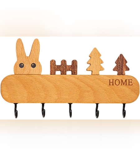 Suport pentru Chei, Flippy, din Lemn, Aplicare fara Perforare, Adeziv Inclus, 5 Carlige Negre, Model Iepure, Greutate Suportata 5 kg, 13.5 x 22 cm, Maro