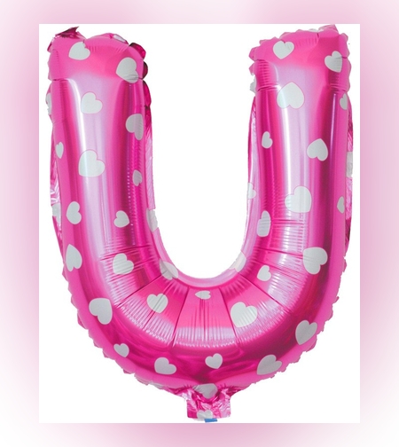 Balon Folie Metalizata Litera U, Flippy, 40 cm, Cu Imprimeu Inimioare, Umflati cu Heliu sau Aer, Ambalaj Individual, Pai inclus, Roz
