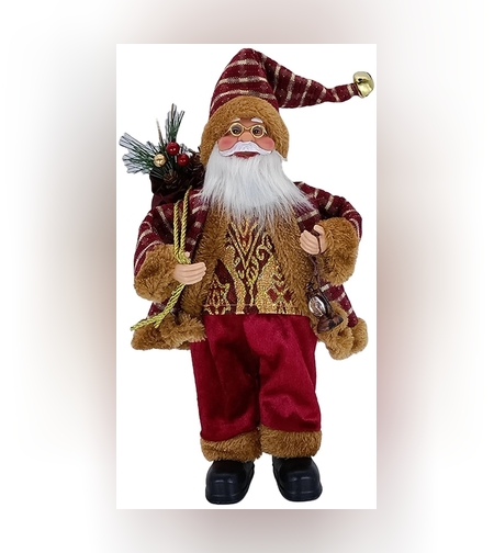 Figurina Decorativa Craciun, Flippy, Mos Craciun Asezat cu Sac si Felinar, 35 x 18 x 20 cm, Material Plastic+Textil, Interior/Exterior, Rosu/Auriu