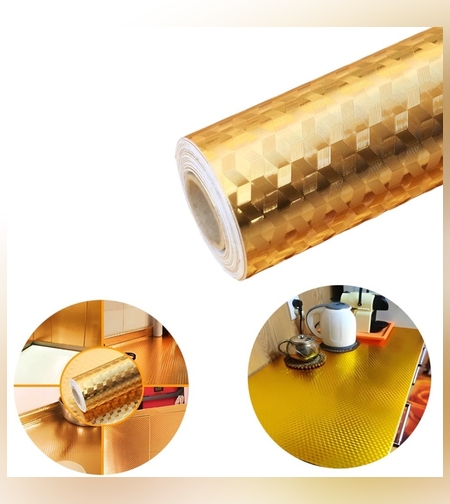 Autocolant de Bucatarie, Flippy, Autoadeziv, Impermeabil, Rezistent la Temperaturi Ridicate, din PVC, 60 x 100 cm, Model Cub 3D, Auriu