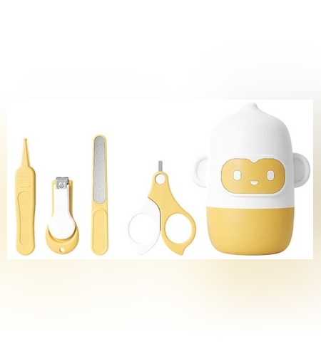Set 4 Piese Ingrijire Unghii Bebelusi, Flippy, din ABS+Otel Inoxidabil, Cutie de Depozitare Tip Maimuta, de la 0 Luni, Galben