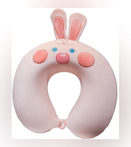 Perna de Calatorie in Forma de U, Flippy, Pentru Gat si Cap, Umplutura din Spuma cu Memorie, 30x30 cm, Model Iepuras, Accesoriu de Voiaj, Birou, Masina, Sistem Prindere Capse, Roz