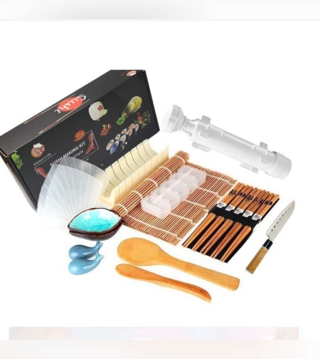 Set Ustensile pentru Sushi, Flippy, Set din 19 Accesorii pentru Sushi, Set pentru Sushi HOME MADE, Cutit Inclus, Forme, Betisoare, Multicolor