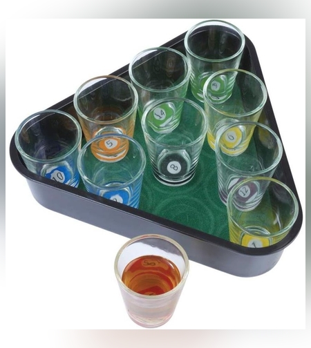 Set 10 pahare de shot Flippy, cu Suport de Biliard, 30 ml, din sticla, 10 x 10 cm, multicolor