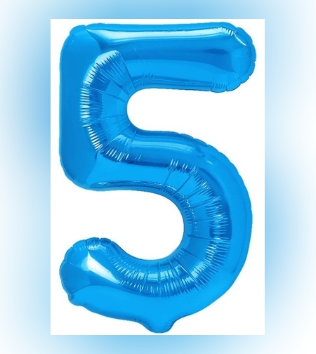 Balon din Folie Metalizata, Flippy, Figurina Cifra, Tema Aniversare 100 cm, Ambalaj Individual, Pai inclus, Umflare cu Aer sau Heliu, Albastru, Cifra 5