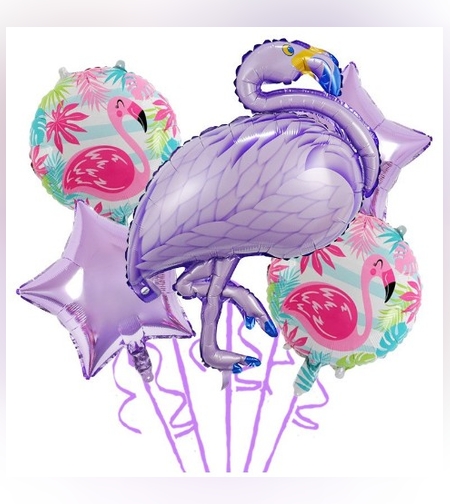 Baloane aniversare Flamingo Party, Flippy, din Folie de aluminiu si Latex, set din 5 baloane, 1 Flamingo, 2 Stele, 2 rotunde, 60 x 90 cm, Adeziv si pai inclus  Mov