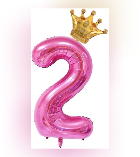 Balon din Folie Metalizata Flippy, Figurina Cifra si Coroana, Tema Aniversare 100 cm, Ambalaj Individual, Pai inclus, Umflare cu Aer sau Heliu, Roz, Cifra 2