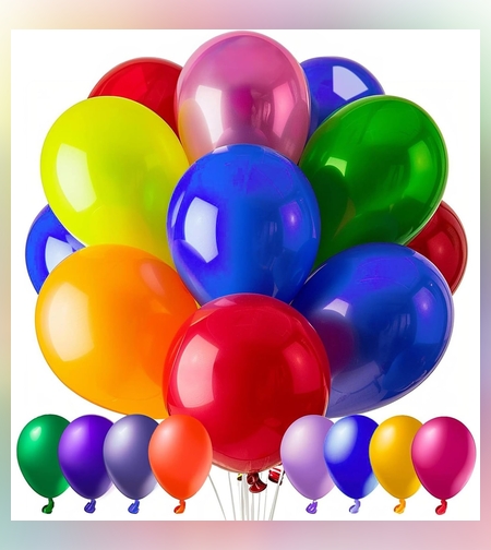 Set 25 Baloane din Latex, Flippy, Model Party, 4x Albastru, 4x Verde, 4x Rosu, 4x Galben, 4x Mov, 5x Portocaliu, 23 cm, 1.4 g