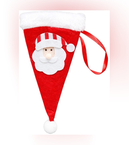 Husa decorativa festiva pentru 3 tacamuri Flippy, model caciulita cu Mos Craciun, material textil si poliester, 19 x 10 cm, rosu