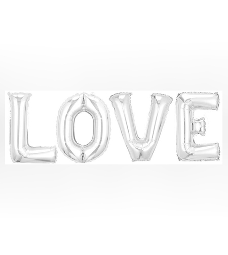 Set 4 Baloane din Folie Metalizata, Flippy, Figurine Litere, Model Scris Love, Tema Iubire, 80 cm, Ambalaj Individual, Pai Inclus, Umflare cu Aer sau Heliu, Argintiu